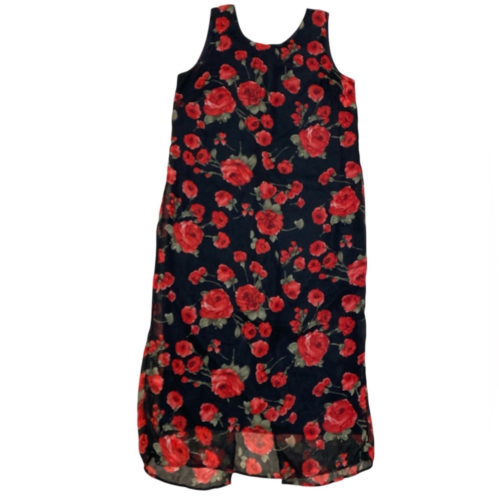 Vintage Petite Focus Sleeveless Dress Women’s 14P Black Roses Floral Maxi 90’s